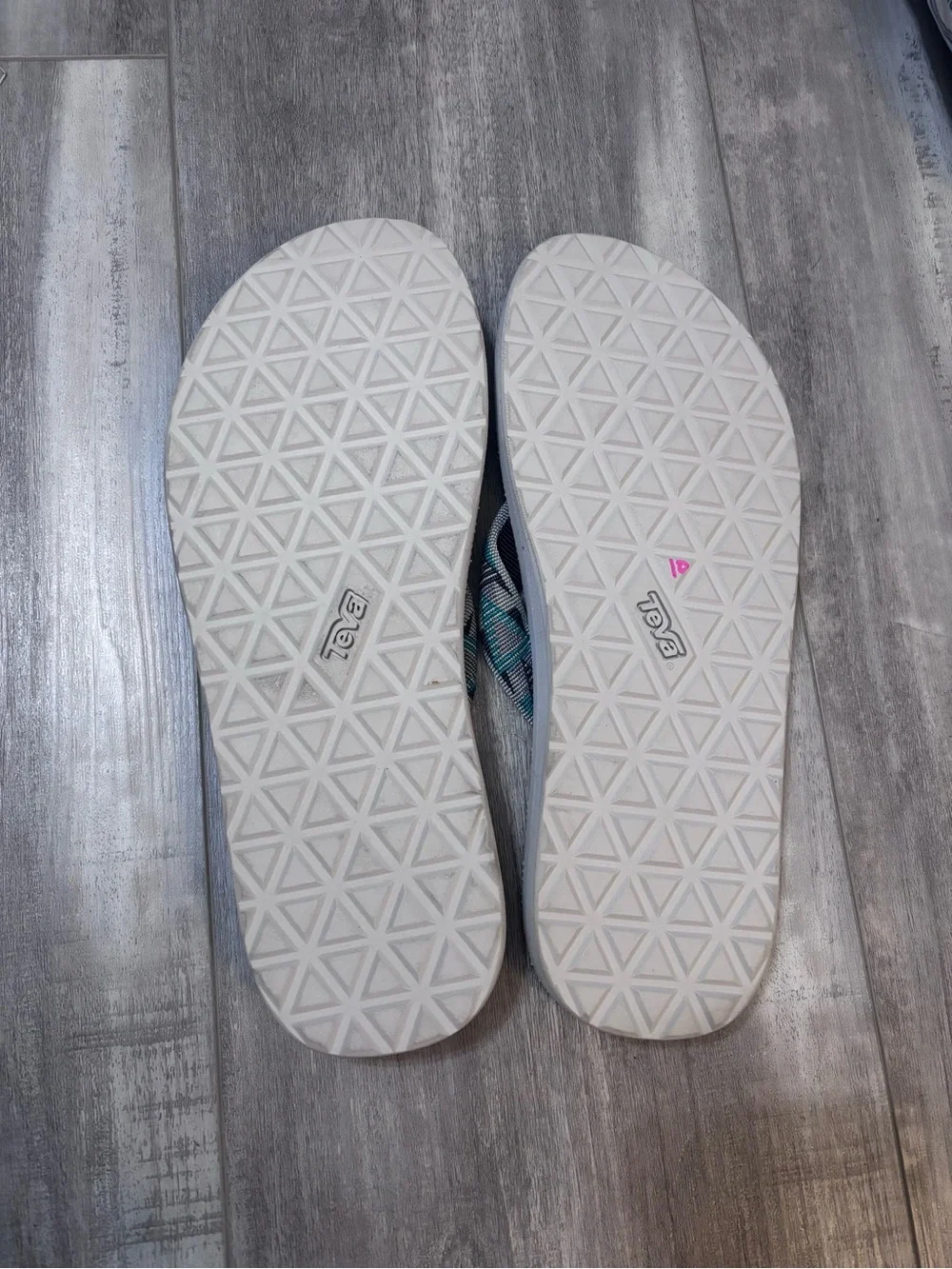 Teva White Flip Flops with Teal and Gray Patterned Straps
